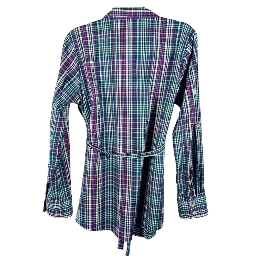 Peter Millar Women's XL Plaid Stretch Button-Up Shirt Tie Belt Roll tab Sleeves - Picture 2 of 12